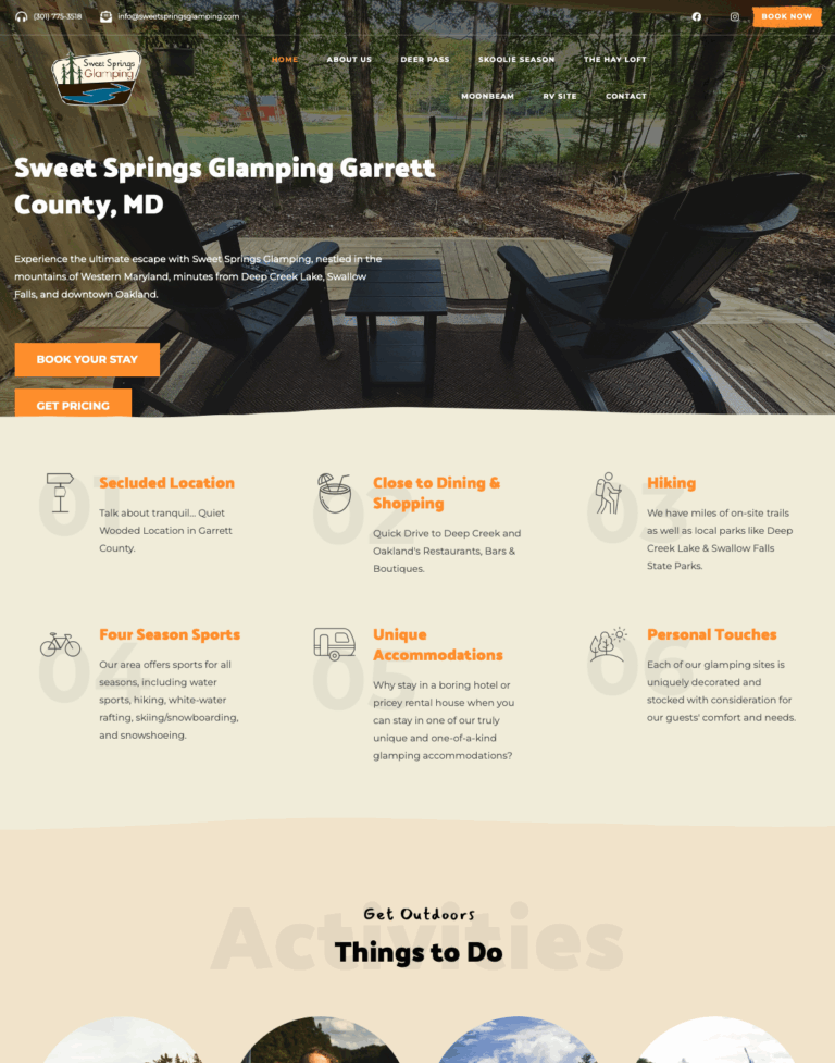 Sweet Springs Glamping website designed by Solnet