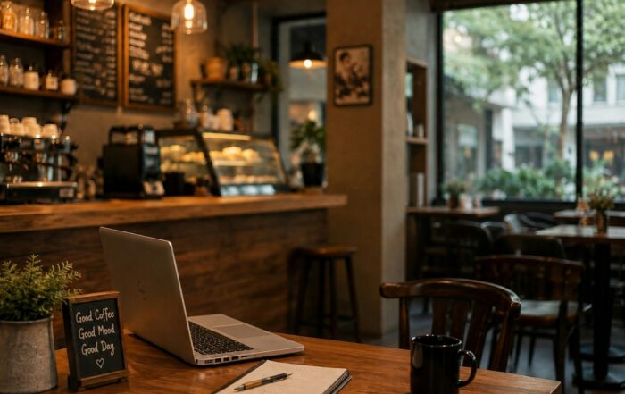 Laptop, notebook and coffee mug on a table in a cozy cafe