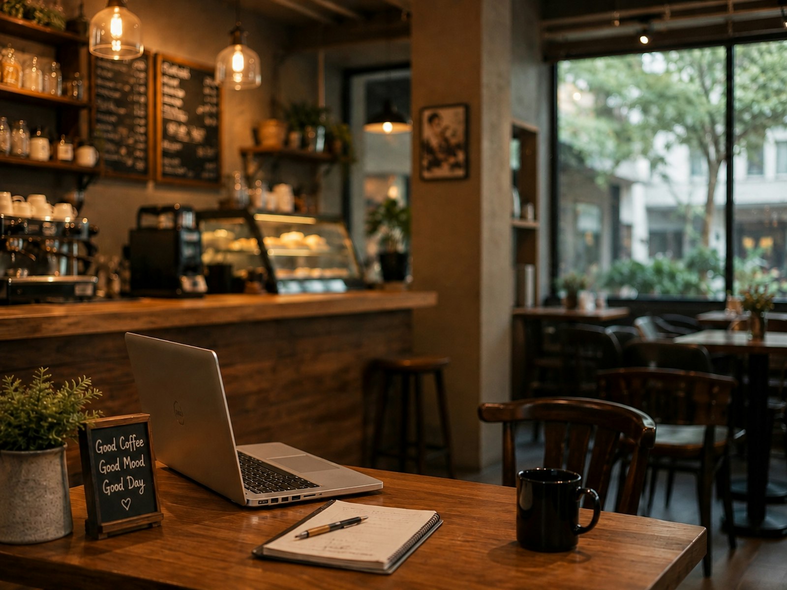 Laptop, notebook and coffee mug on a table in a cozy cafe