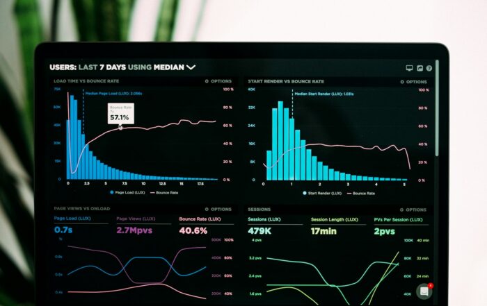 Laptop screen showing a website analytics dashboard with charts of users and load times