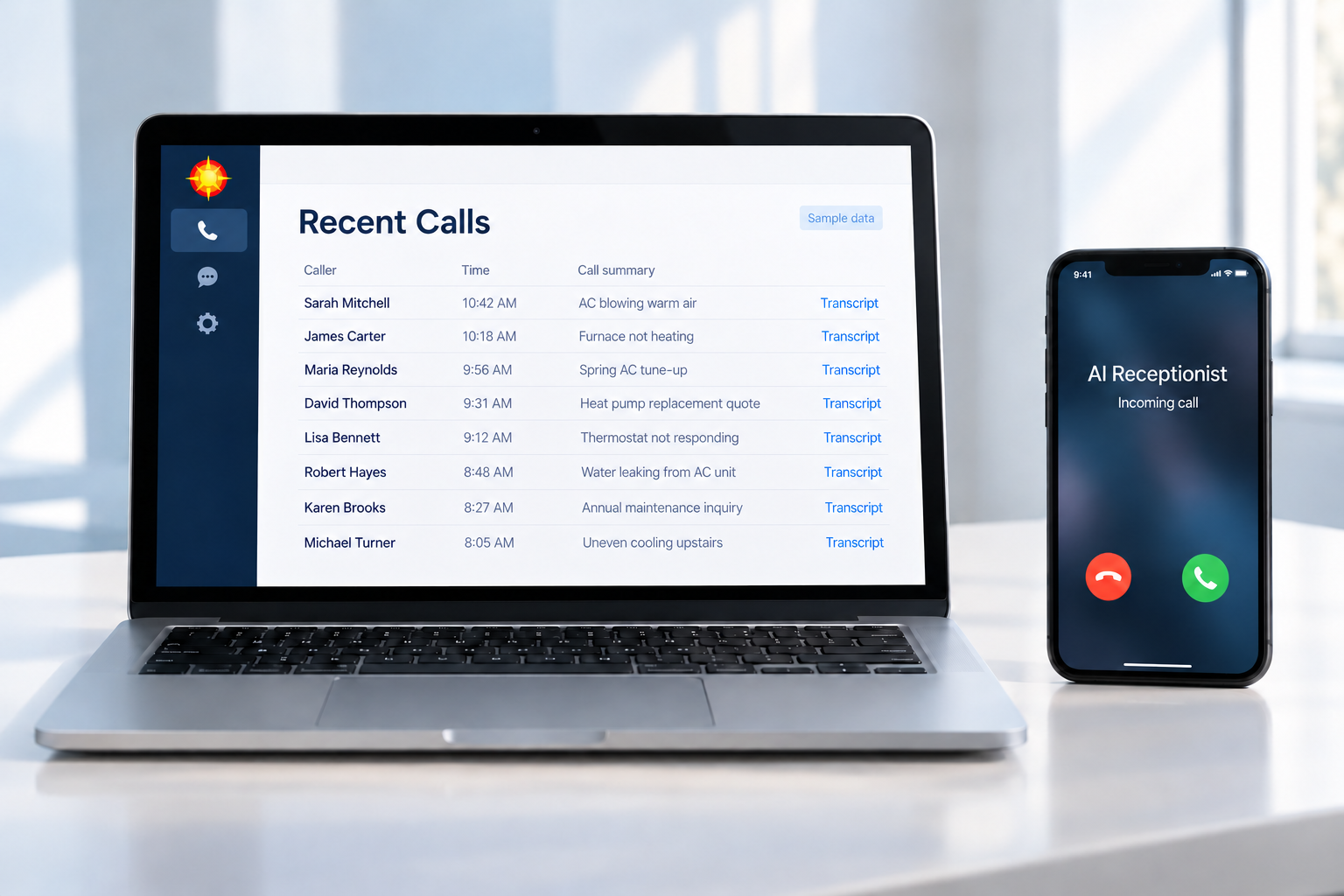 Solnet AI phone receptionist dashboard preview with HVAC customer calls for AC repair, furnace service, and maintenance